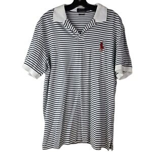 Polo Ralph Lauren Mens L White Blue Stripe Pro Fit Polo‎ Shirt Big Red Pony